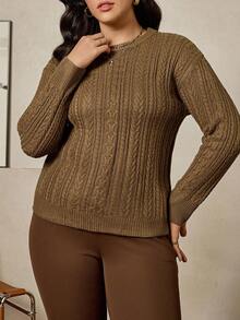 Zelara Plus Size Chocolate Brown Crew Neck Sweater,Autumn Smart Casual Cozy Cable Knit Top For Women,School Back-To-School Winter Business Casual Outfits - Mocha Brown - View 6