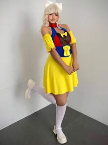 Sunspun 服装逃亡公主可爱性感泡泡袖蝴蝶结短款连衣裙 - 黃色 - 查看 4