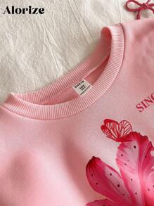 1 件女童圆领运动衫，长袖，罗纹袖口和下摆，花卉印花，休闲时尚，加厚，短款上衣 - 粉色 - 查看 3