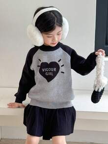 SHEIN Young Girls' Heart Pattern Raglan Sleeve Pullover Sweater,Casual Round Neck Long Sleeve Knitwear For Autumn,Party,Back-To-School,Fall/Winter - Multicolor - View 3