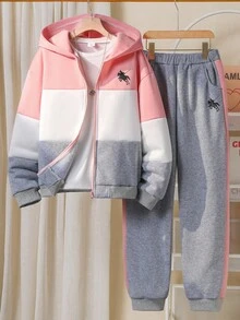 Sparklyn 2pcs/Set Teenage Girls Fashion Casual Sports Printed Baseball Jacket + Contrast Color Sweatpants Set, Zipper Jacket With Pockets, Suitable For Daily Sports, School, Commuting Fall Winter - Multicolor - View 1