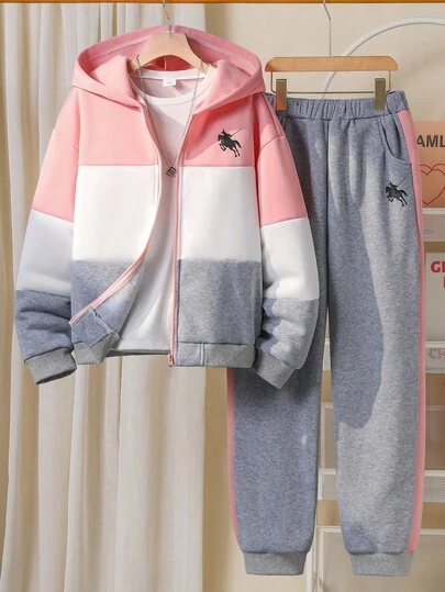 Sparklyn 2 件套青少年女孩时尚休闲运动印花棒球夹克 + 撞色运动裤套装，带口袋的拉链夹克，适合日常运动、上学、通勤