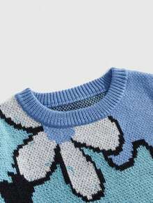 ROMWE MEN Street Life Sweater Rajut Pria Kerah Bulat Motif Bunga Warna Kontras, Musim Gugur Musim Dingin - MultiWarna - View 3