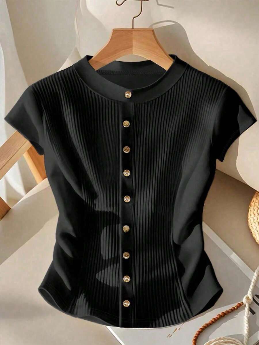 SHEIN LUNE CURVE 女式大码纽扣装饰褶皱针织休闲T恤