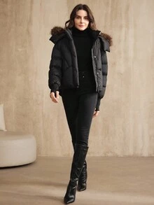 Anewsta Thick Short Loose Oversized Collar Women Jacket - Black - View 5