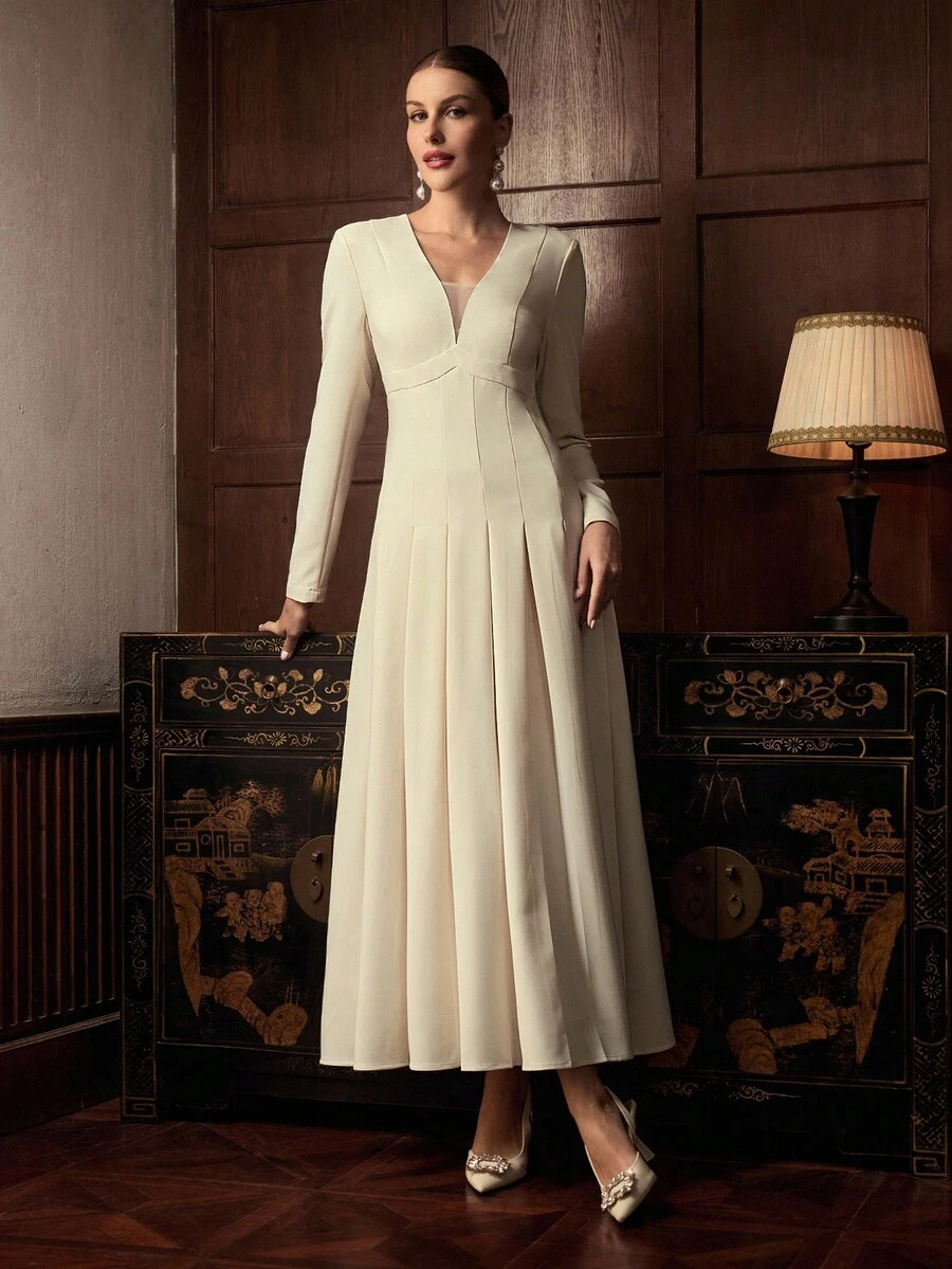 ZEYLAH Women's Elegant Solid Color V-Neck Ruched Waist Dress