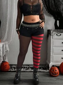 Whyspr Grunge Punk Plus Size Mesh Patchwork Striped Sheer Elastic Leggings Halloween - Multicolor - View 6