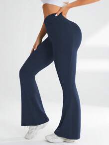 Easithlete 女式纯色高弹力交叉腰喇叭腿运动裤 - 彩色 - 查看 5