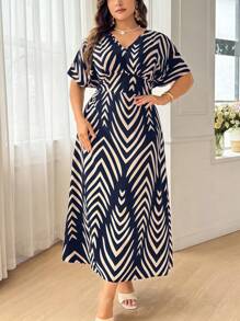 SHEIN Privé Plus Size Elegant Commute & Vacation V-Neck Color Block Splice A-Line Wavy Striped Color Block Print Maxi Dress; Solid Color Maxi Dress For Wedding Season Plus Size Maxi Summer Dress Plus Size Summer Dress Plus Long Dress Curve Long Dress Summer Dress - Blue and White - View 2