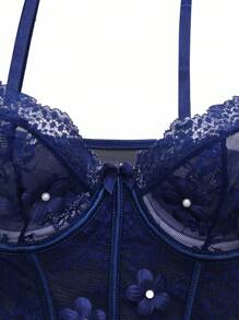 4pcs Set: Lace & Mesh Splice Solid Color Camisole Nightgown With Underwire + Detachable Garter Leg Rings + Thong Panty - Royal Blue - View 8