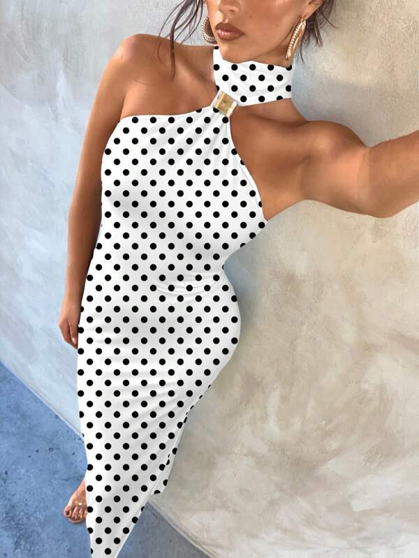 Aloruh Women's Elegant Sexy Metal Buckle Vintage Polka Dot Print Decor Hollow Out Bodycon Black Knit Stretch Dress, Suitable For Dates