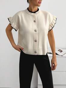 SHEIN بلوزة كارديجان أنيقة بمقاسات كبيرة مع أزرار أمامية وأكمام مطوية وحواف سوداء وبيضاء وتفاصيل كشكشة ناعمة من الصوف المحبوك وأزرار لؤلؤية بأسلوب عتيق أنيق للربيع - لون مشمشي - مشاهدة 3