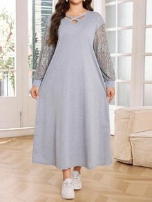 SHEIN Lacomfia Plus Size Casual Solid Color Lace Patchwork Long Hoodie Winter Fall Autumn