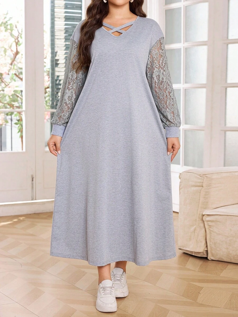 SHEIN Lacomfia Plus Size Casual Solid Color Lace Patchwork Long Hoodie Winter Fall Autumn