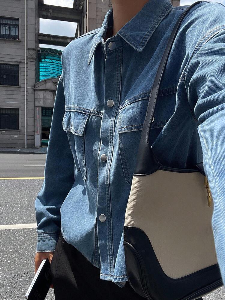 Short Denim Jacket Women, New Design Versatile Denim Shirt Blouse Long Sleeve Women