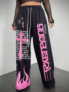 Sunspun 万圣节休闲朋克万圣节圣十字火图案 Y2k 加大码运动裤 - 黑色 - 查看 6