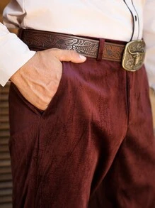 Manfinity Nomadique Men's Casual Commuter Vintage Solid Color Tapered Pants, Fall - Burgundy - View 4