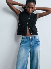 Maija 2025 休闲都市宽肩金属装饰柔软舒适女式短款开衫，适合初秋黑色背心女式黑色短款上衣女式西部上衣女式黑色无袖上衣女式黑色背心毛衣背心女式短款纽扣纽扣上衣女式背心黑色毛衣背心，女士秋季，女士冬季，冬季，夜间外出，女士外出上衣，夜间外出，约会之夜，老钱风格 - 黑色 - 查看 8