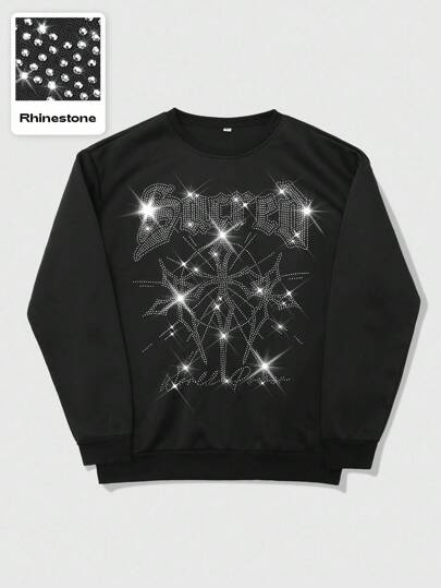Street Life Men's Black Crew Neck Sweatshirt With Rhinestone Embellished Design, Autumn/Winter