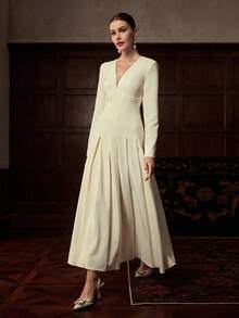 ZEYLAH Women's Elegant Solid Color V-Neck Ruched Waist Dress