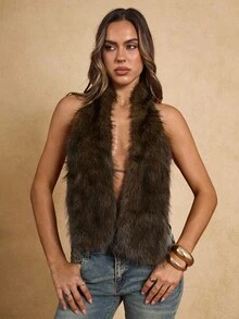 SHEIN BAE Autumn And Winter Sexy Asymmetrical Hem Tie Deep V Faux Fur Vest, Suitable For Going Out, Night Party, Rave Party, Western, Brown Tops,Halloween Costumes,Fall Clothes For Women