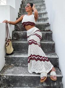 SHEIN Conjunto de top de cuello halter de punto y falda para mujeres