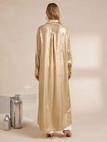 Amorya Women's Elegant Gold Shirt Collar Long Split Dress,Autumn Satin Silky Maxi Dress For Party,Gatherings,Commuting And Halloween Costume - Gold - View 3