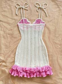 Soleia Women's Peach Starfish Decor Double Ruffle Hem Halter Knit Dress, Suitable For Holiday, Date, Afternoon Tea, Beach, Cruise, City Vacation, Wedding Season, Music Festival, Boho Vacation Crochet Dress Beach Dress - Pink - View 2