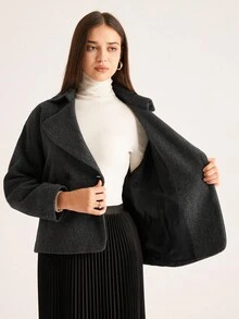 GENKIRA 宽松欧美ins风灰色翻领长袖短款宽松双排扣大衣 - 深灰色 - 查看 4