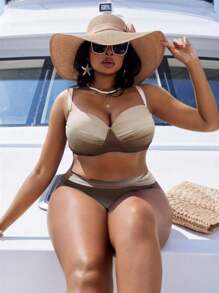 Slaydiva مجموعة بكيني للمرأة ذات الحجم الكبير 2 قطعة، بحمالات سميكة قابلة للتعديل وخصر عالي بتصميم مثلث، طبعة تدرج لون جذاب، مناسبة للعطلات والاستخدام اليومي - بني - مشاهدة 5