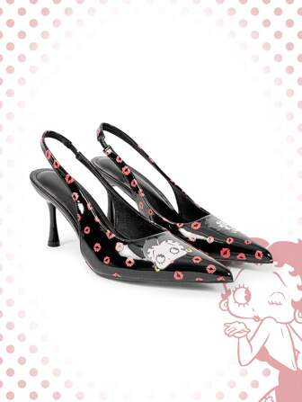 Betty Boop | ROMWE 3.0in High Heel Women's Pointed Toe Slip-On Pumps, Sexy Fashion Lip Print, Comfortable Glossy Black Patent Leather High Heels, Suitable For Outdoor, Commute, Party