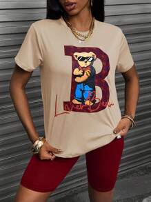 SHEIN 2 件套熊字母印花圆领短袖上衣和短裤套装