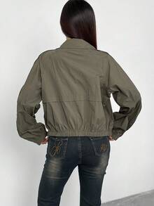 Feyla 女式短款休闲实用绿色夹克，秋冬防晒 - 綠色 - 查看 2