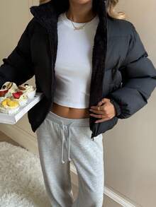 SHEIN 青少年女孩黑色常规基本款百搭立领短款，内里加厚天鹅绒法式短款冬季外套，休闲街头，适合各种场合，返校青少年女孩夹克女孩冬季夹克外套冬季夹克青少年 - 黑色 - 查看 9