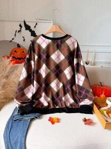 CosyJoli Hanorac cu guler rotund, stil retro în carouri, mărime plus - Multicolor - Vizualizare 2