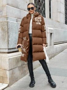 EURMUSE Plus Size Winter Casual Warm Letter Print Zip-Up Hooded Padded Coat - Brown - View 3