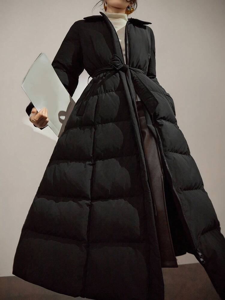 Women's Solid Color Belted Winter Jacket Long Puffer Coat Women Long Winter Coat Women Puffer Coat With Belt Long Quilted Coat Women Women Winter Coats