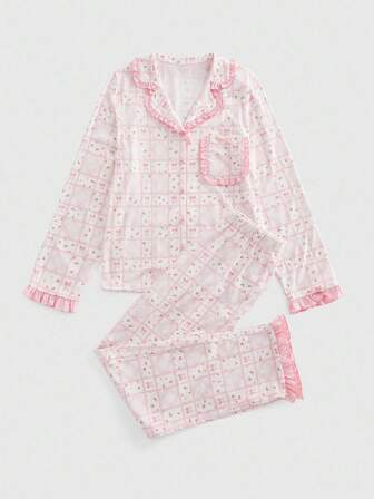 Kawaii Ensemble pyjama femme à manches longues et pantalon long, coupe ample, motif à carreaux avec papillons et fleurs
