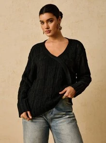 SHEIN VCAY Plus Size Women's Solid Color V-Neck Drop Shoulder Long Sleeve Loose Knit Sweater In Fall/Winter - Black - View 3