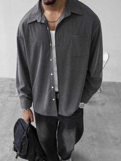 Manfinity Homme 1 Stück Herren einfarbige langärmlige Lässig Tasche Shacket, dunkelgrauer Knopf-up Oversized Streetwear Shacket, ein tolles Geschenk für deinen Freund, Rückkehr zur Schule, Cord