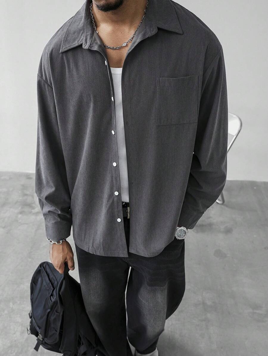 Manfinity Homme 1pc Men's Solid Color Long Sleeve Single Breasted Casual Pocket Shacket ,Dark Grey Button-Up Oversized Streetwear Shacket, A Great Gift For Your Boyfriend, Back To School, Corduroy