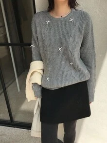 DAZY Suéter de cuello redondo de manga larga con nudo de lazo de punto trenzado de unicolor, informal, para primavera/otoño - Gris - Ver 13
