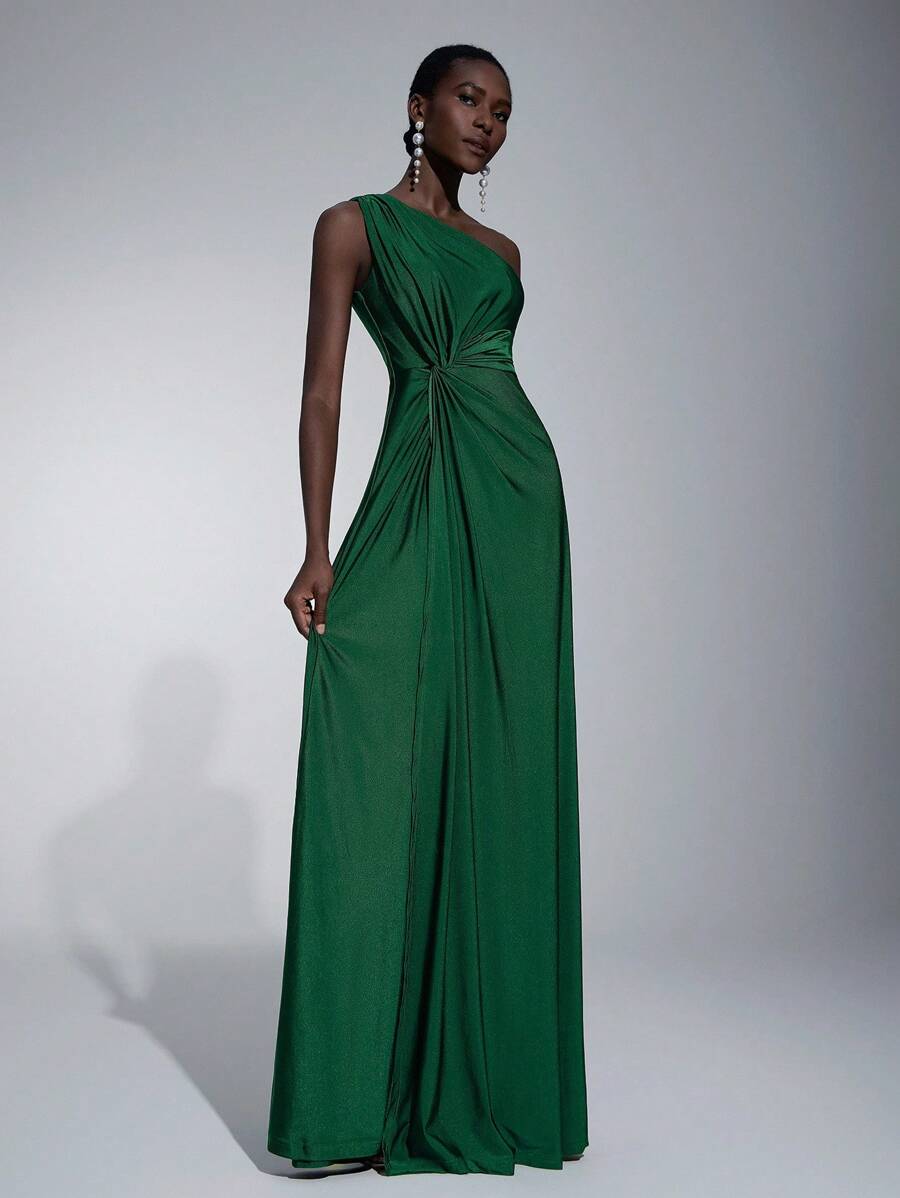 Elitara Vestido holgado de dama de honor de línea A con un hombro, de tela elástica tejida de color verde romántico y elegante