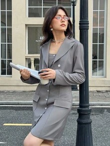 Teen Girl Casual Everyday Commute Mandarin Collar Single-Breasted Jacket And Dress Set - Grey - View 4