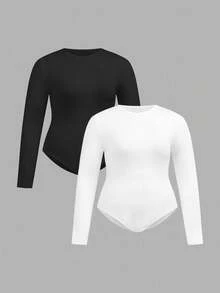 SHEIN PETITE CURVE 2pcs/Set Plus Size Women Casual Solid Color Knit Crew Neck Long Sleeve Bodysuit