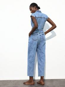 Maija Women's Blue Denim Jumpsuit Sleeveless Tapered Jumpsuit Minimalist Outfit - Light Wash - View 5