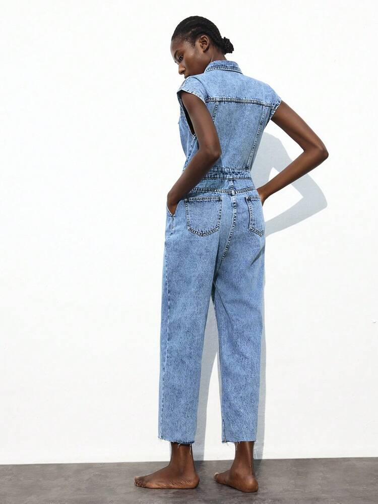 SHEIN Maija Women's Blue Denim Jumpsuit Sleeveless Tapered Jumpsuit Minimalist Outfit