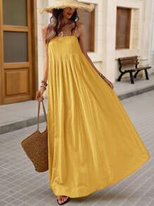 Brillora Váy cổ chữ V rộng rãi cho nữ, màu trơn, kỳ nghỉ & mùa hè - Màu vàng - Xem 4