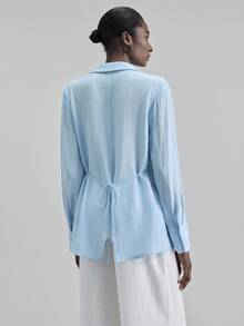 Ontre Women's Blue Collar Long Sleeve Shirt, Minimalist Fashion Urban Business Casual Blouse For Office, Island Resort & Outdoor Wear - Blue - View 2
