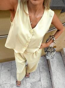 Siren Gaze 秋季女装 - 2025 最新款女士优雅奶油黄色纯色前开 V 领无袖西装外套和直筒裤套装，永恒学院风，商务休闲装、办公室装、教师装、返校季的完美之选，是工作和日常通勤的秋季必备单品